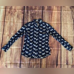 SOLD ✅ Boden Women's Long Sleeve Classic Shirt Collared Deer Print Blue Shirt 4R